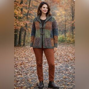 VTG Bauxbei Cardigan Wood Toggle Closure Sweater Patchwork Block Shawl Collar 2X